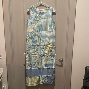 Boho Patchwork Maxi Dress L Blue Cream Cotton Artisan Made Ecuador Sleeveless